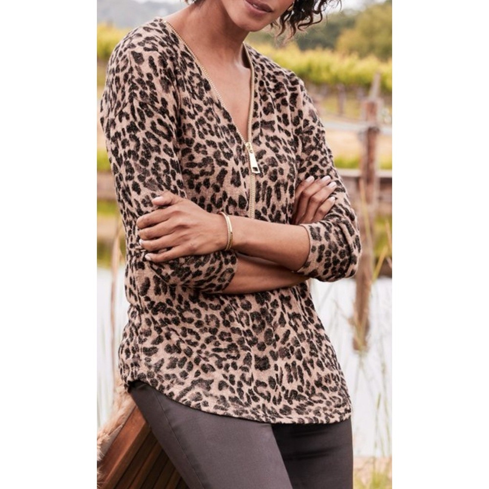 Soft Surroundings Knit Leopard Brown Long Sleeve Top - Zip Neckline 1X